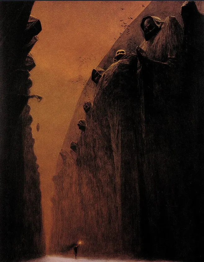 Zdzisław Beksiński, untitled painting of a lone figure carrying a light through a corridor of shrouded giants